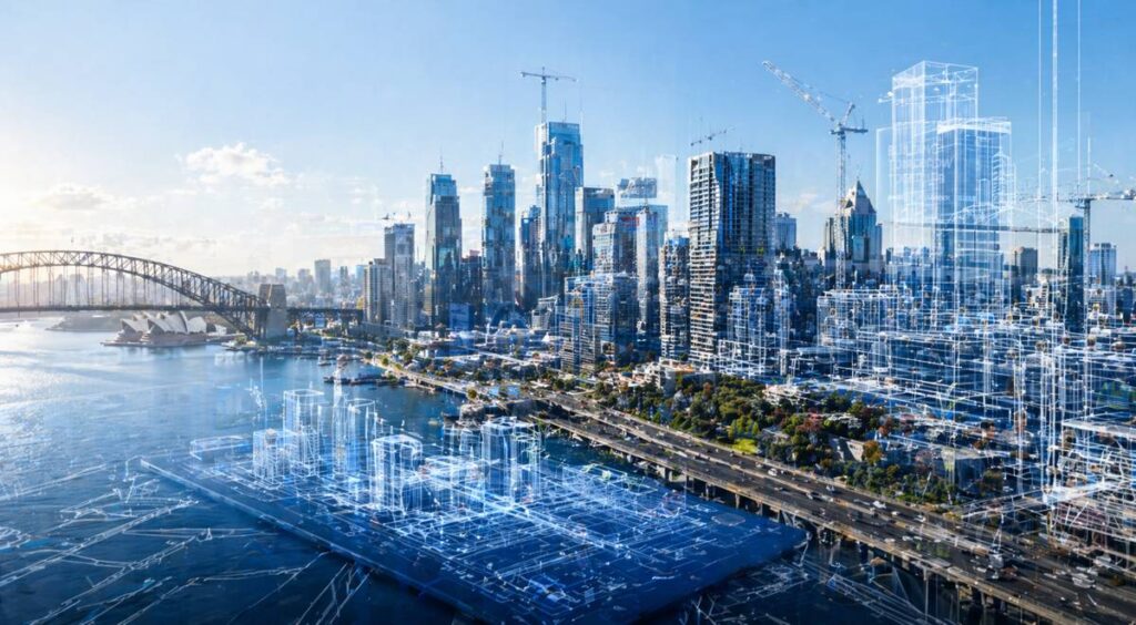 Sydney skyline and Harbour Bridge with new construction